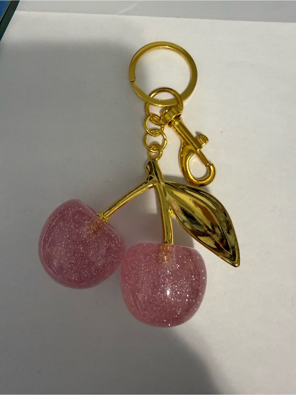 Pink Glitter Cherry Keychain/Purse chain with Gold Hardware